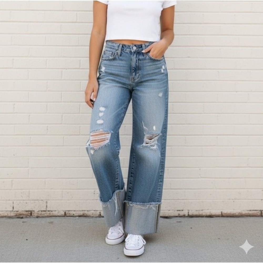 Ag Adriano Goldschmied Wide Leg Jeans Womens 24 Blue Distressed Raw Hem Trendy